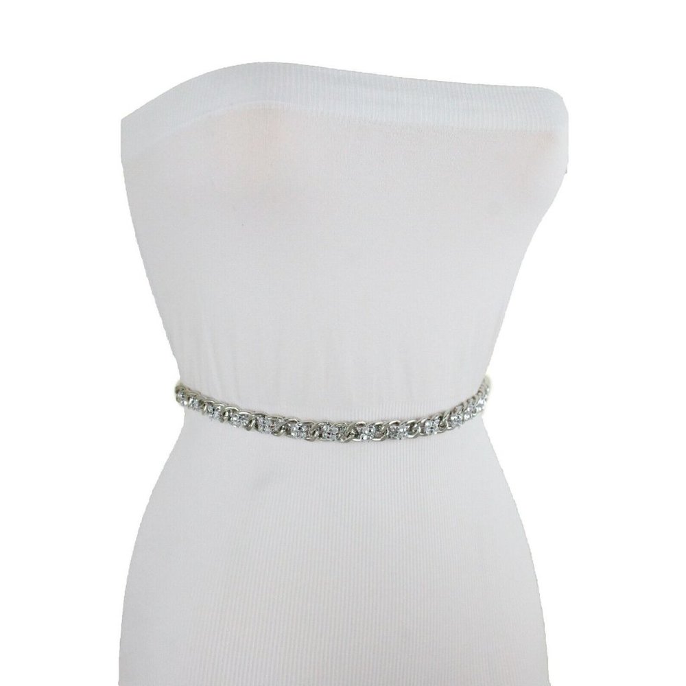 Women Waist Hip Skinny Fashion Belt Silver Metal Chain Mesh Beads Size XS S M